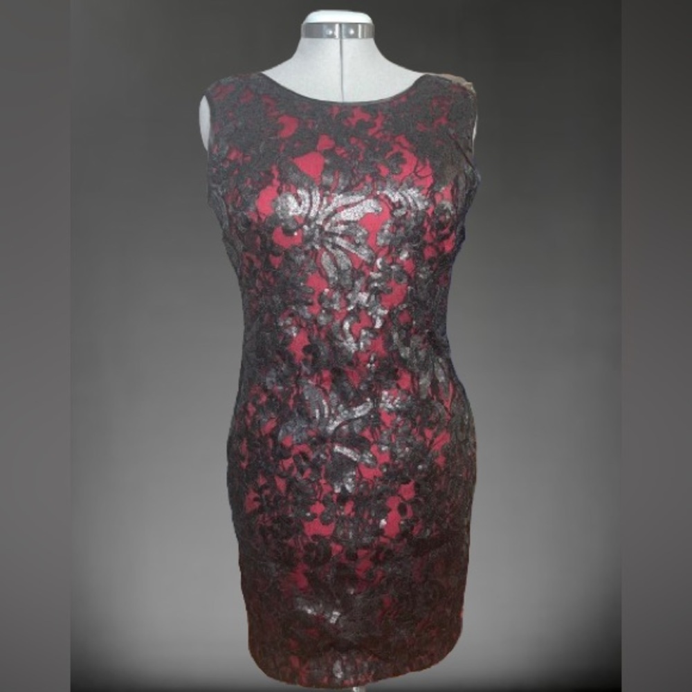Cache’Black/red lace/sequined cocktail dress Sz 10